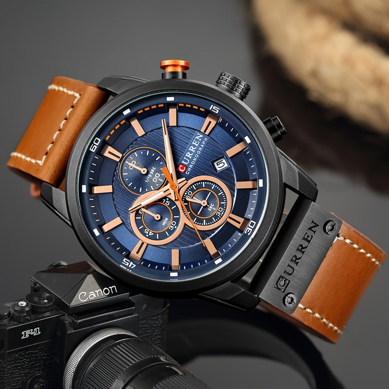 Men's Chronograph Sport Quartz Watch with Date Display – Stopwatch Wristwatch for Men, 6 Colors (Brown, Blue, Black, Grey), Casual Business Everyday Watch Gift
