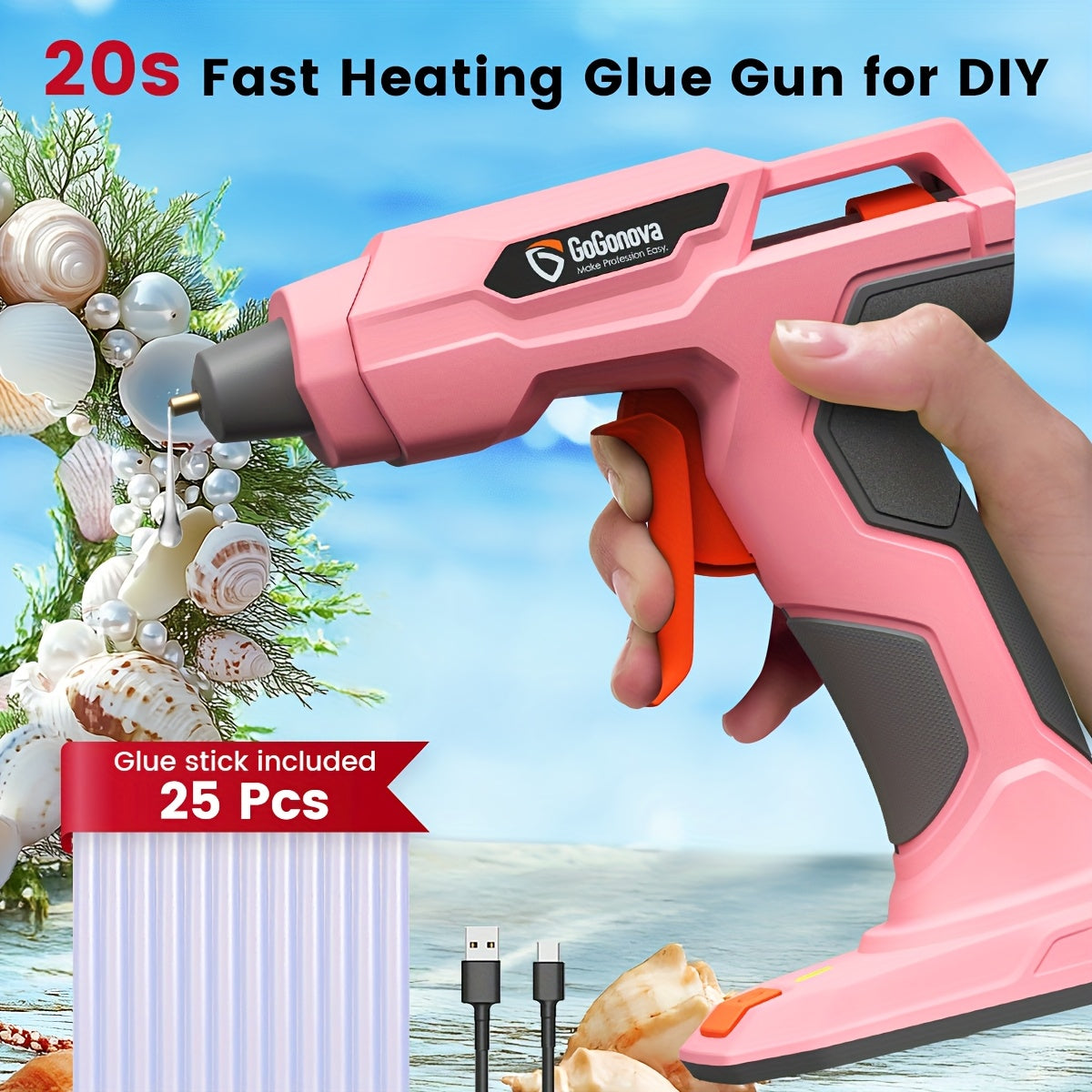 Cordless Hot Glue Gun, USB Rechargeable with 25 Glue Sticks – 20-Second Fast Heating, Anti-Drip Safety Design for DIY Crafts, Home Repairs, Plush Toy Restoration, and Handmade Projects – Pink, Grey, Blue