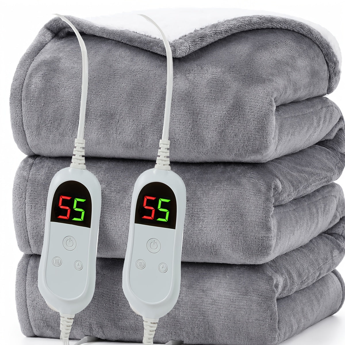 Electric Heated Blanket Dual Zone A B Independent Temperature Controllers 10 Heating Levels 1 2 4 6 8 Hour Auto-Off Fast Heating Soft Flannel Throw Twin Full Queen King Light Grey Navy Black Pink Purple Lake Blue
