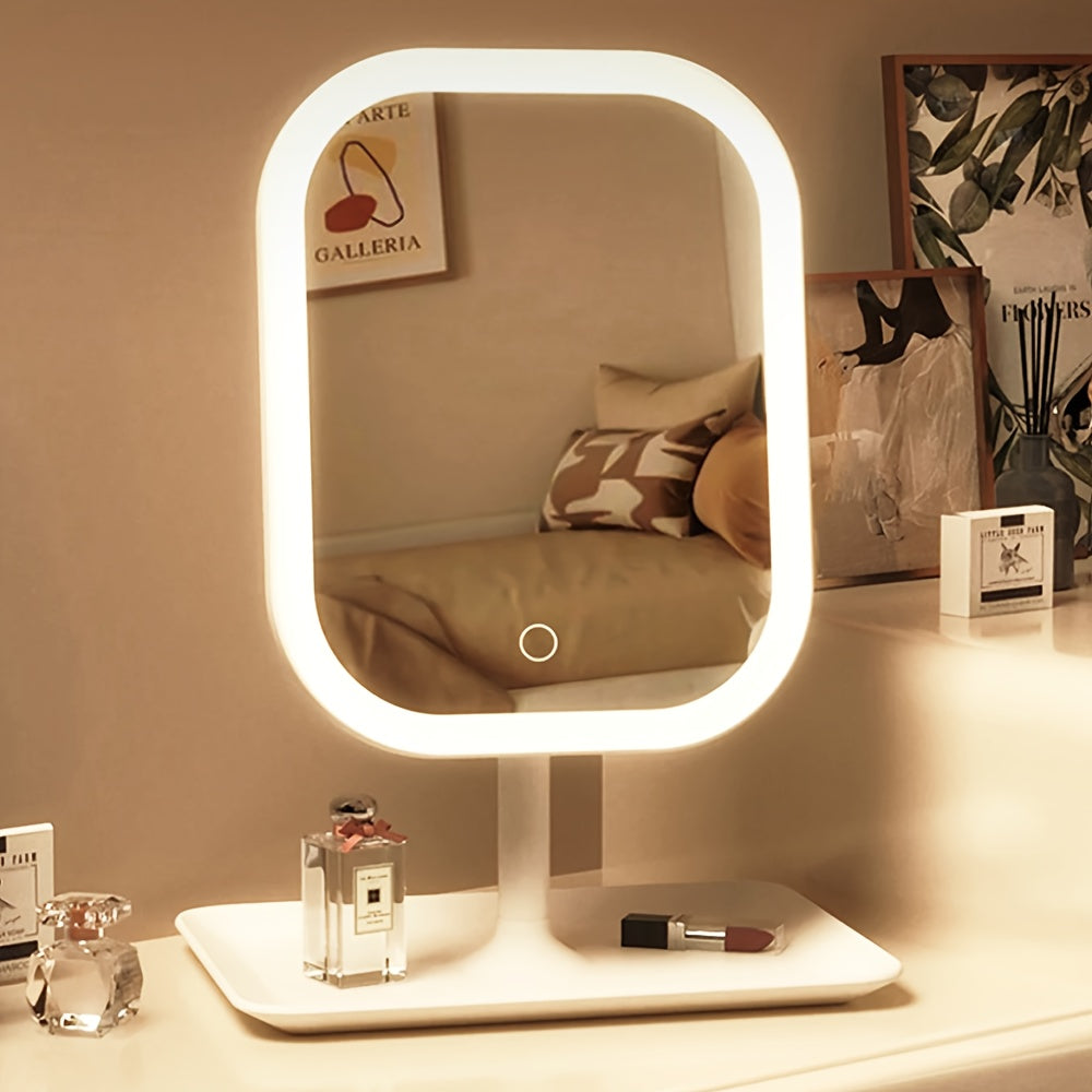 LED Makeup Mirror - Rechargeable Desktop Vanity Mirror with Lights - 3 Light Modes, Touch Control & Adjustable Brightness - Portable Travel Beauty Mirror - White & Pink