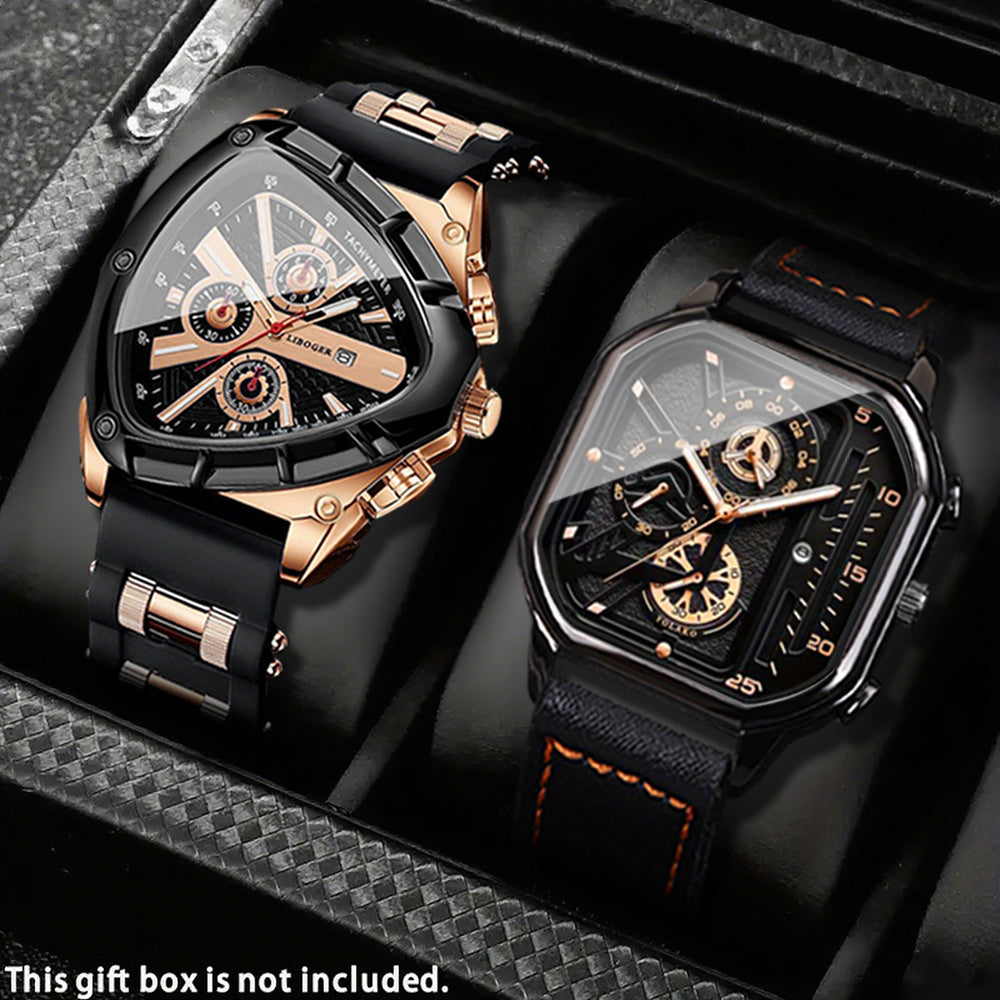 2pcs Men's Watch Set: Sports Triangle Dial Silicone Strap and Retro Square Dial Quartz Watch with Date Display, Casual Dress Watches for Valentine's Day or Father's Day Gift