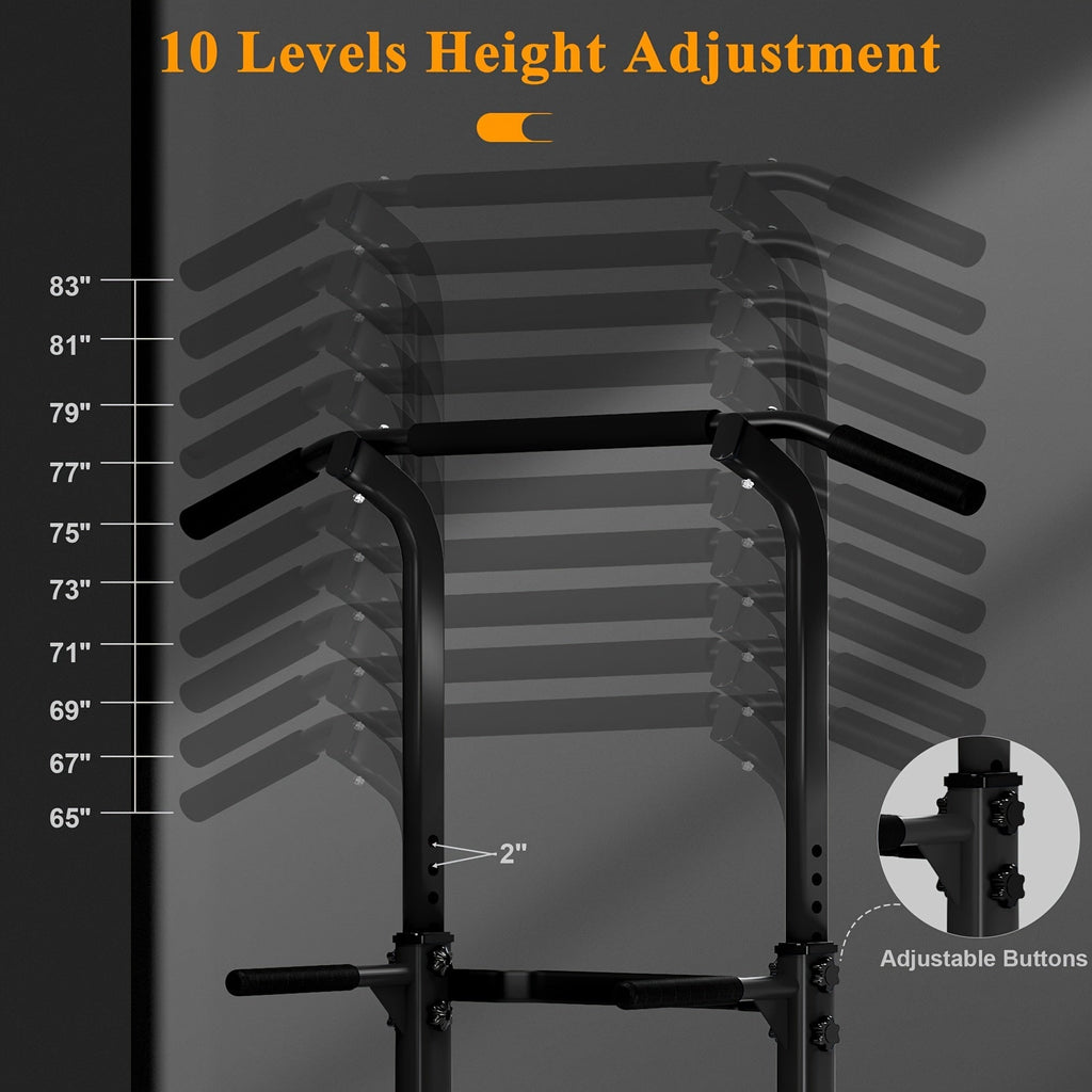 Adjustable Power Tower Dip Station Pull Up Bar for Home Gym, 10 Height Levels 65-82.7 Inches, 330LBS Capacity, 6 Exercise Positions, Full Body Strength Training, Black/Red/Yellow/Blue/Pink/Orange