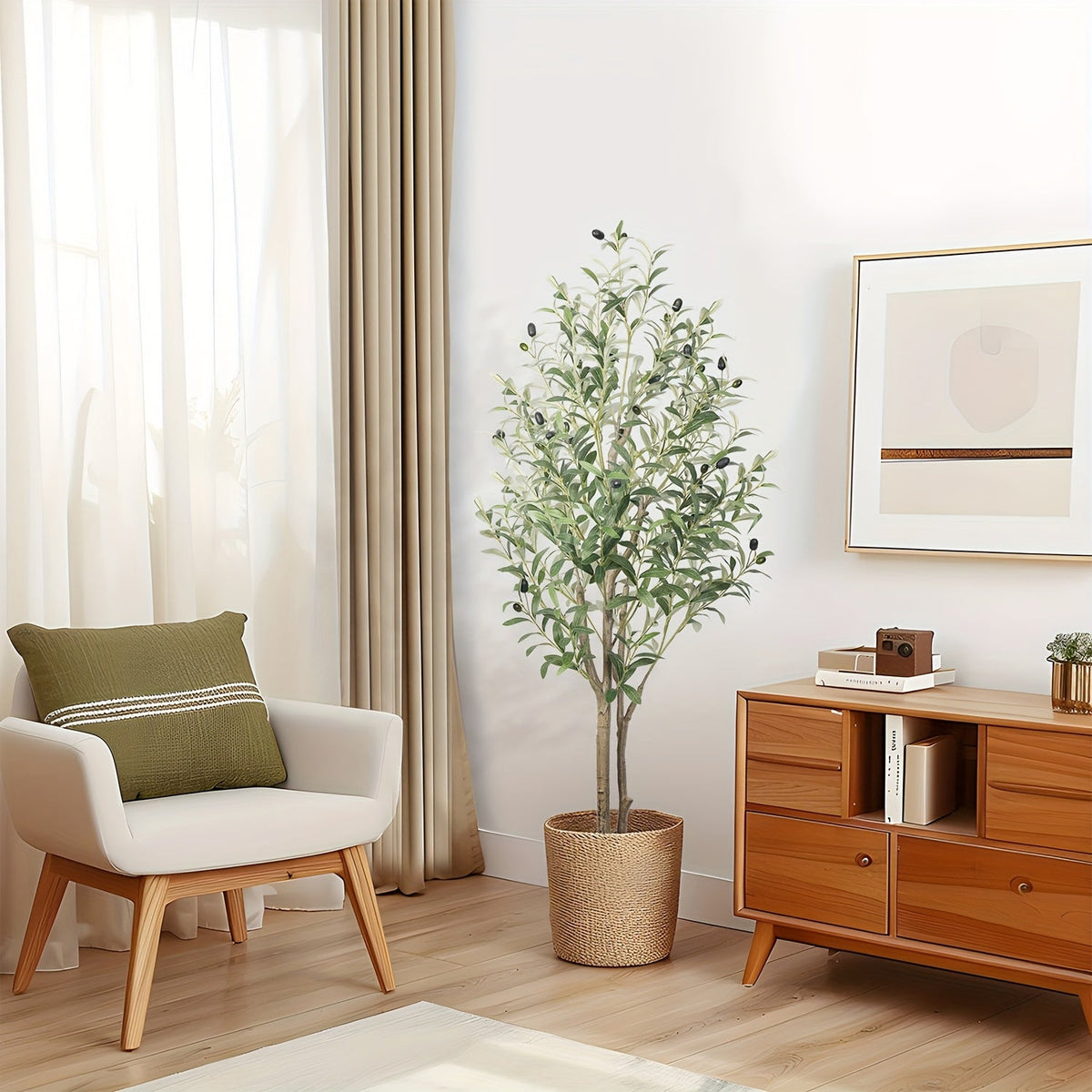 Artificial Olive Tree 4/5/6/7ft – Double Pole Silk Leaves & Faux Fruit Realistic Wood Trunk Faux Moss Potted Faux Plant for Home Living Room Indoor Outdoor Decor