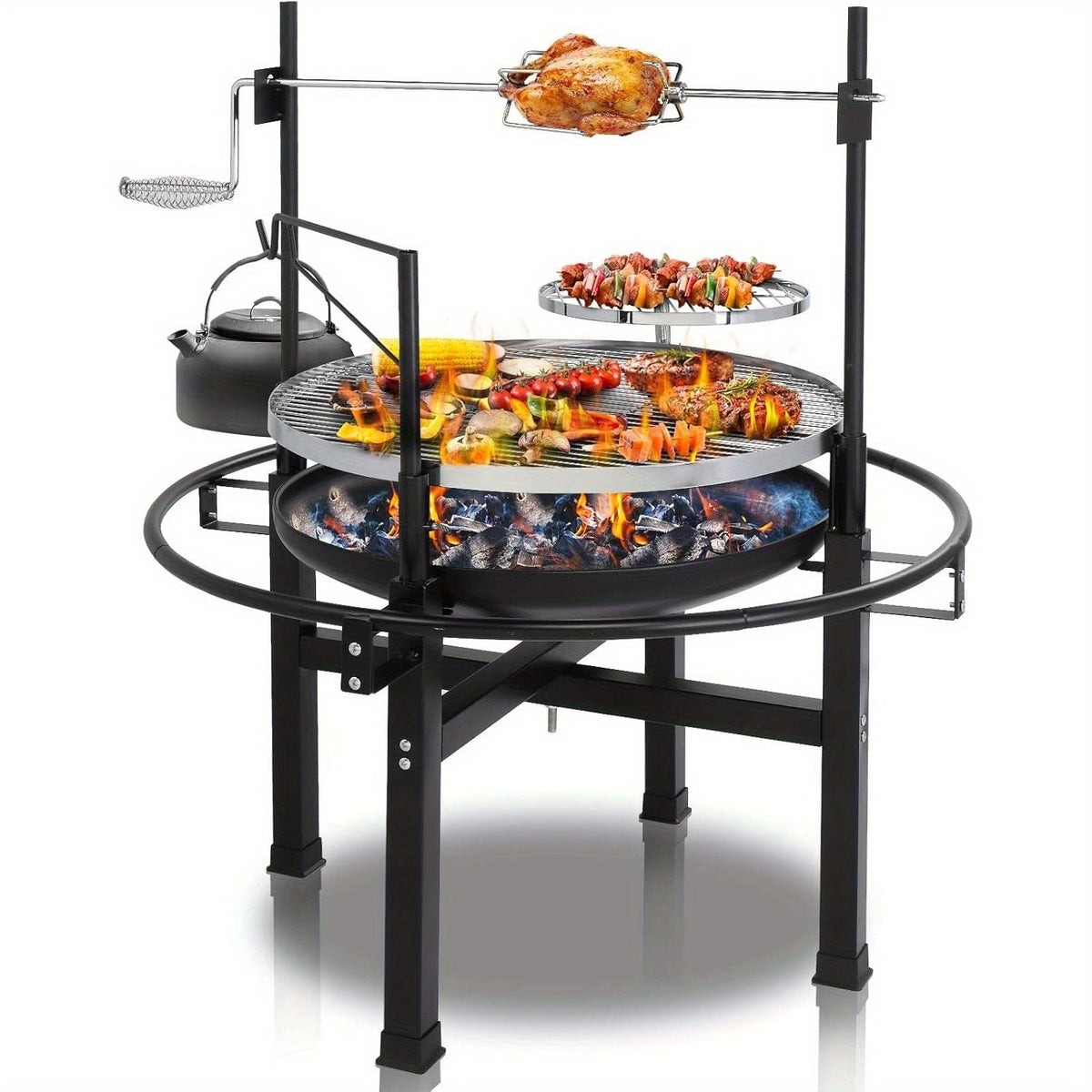 33-Inch Outdoor Wood Burning Fire Pit with 2 Grills, Swivel Cooking Grate & Removable Grill, for Backyard, Patio, Picnic & BBQ