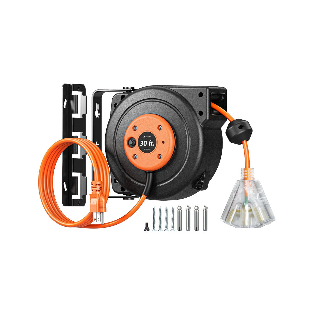 DEWENWILS 30FT Retractable Cord Reel Wall-Mounted Triple Outlet 10A Overload Protection 16AWG SJTOW 125V 1250W with Indicator Light – Orange