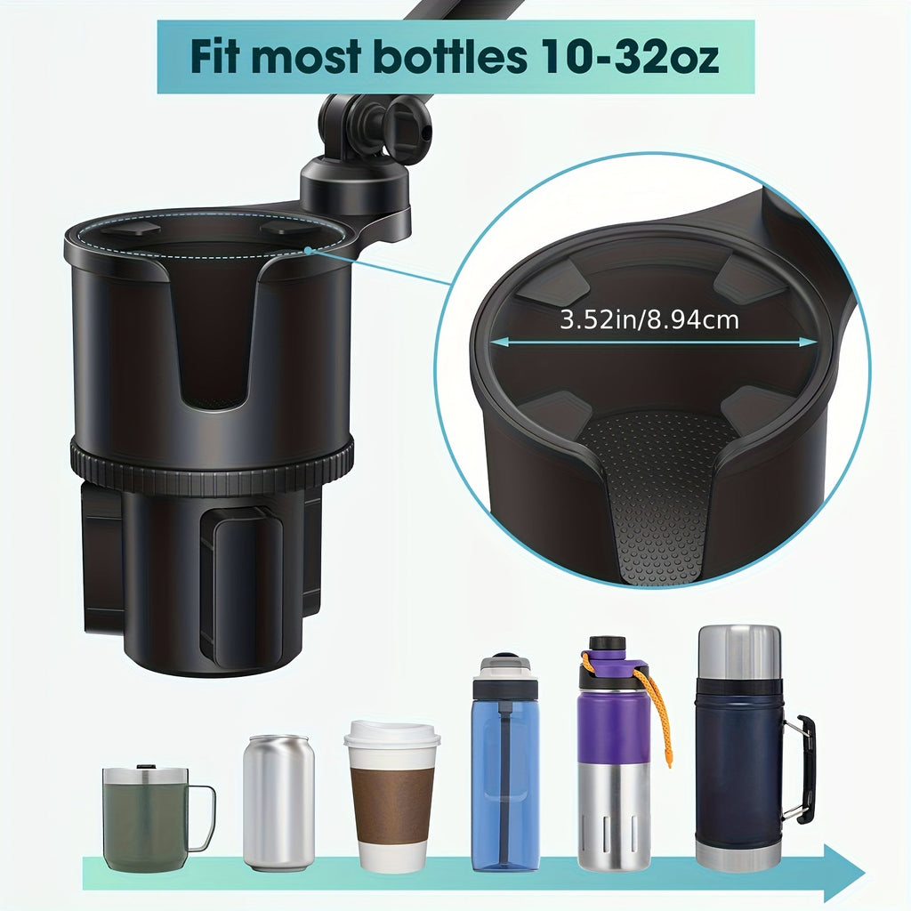 Car Phone Cup Holder Mount 2-in-1, 360° Swivel Rotation, Universal Fit for Cars, SUVs, and Trucks with Shock-Absorbing Trim - Black Extender