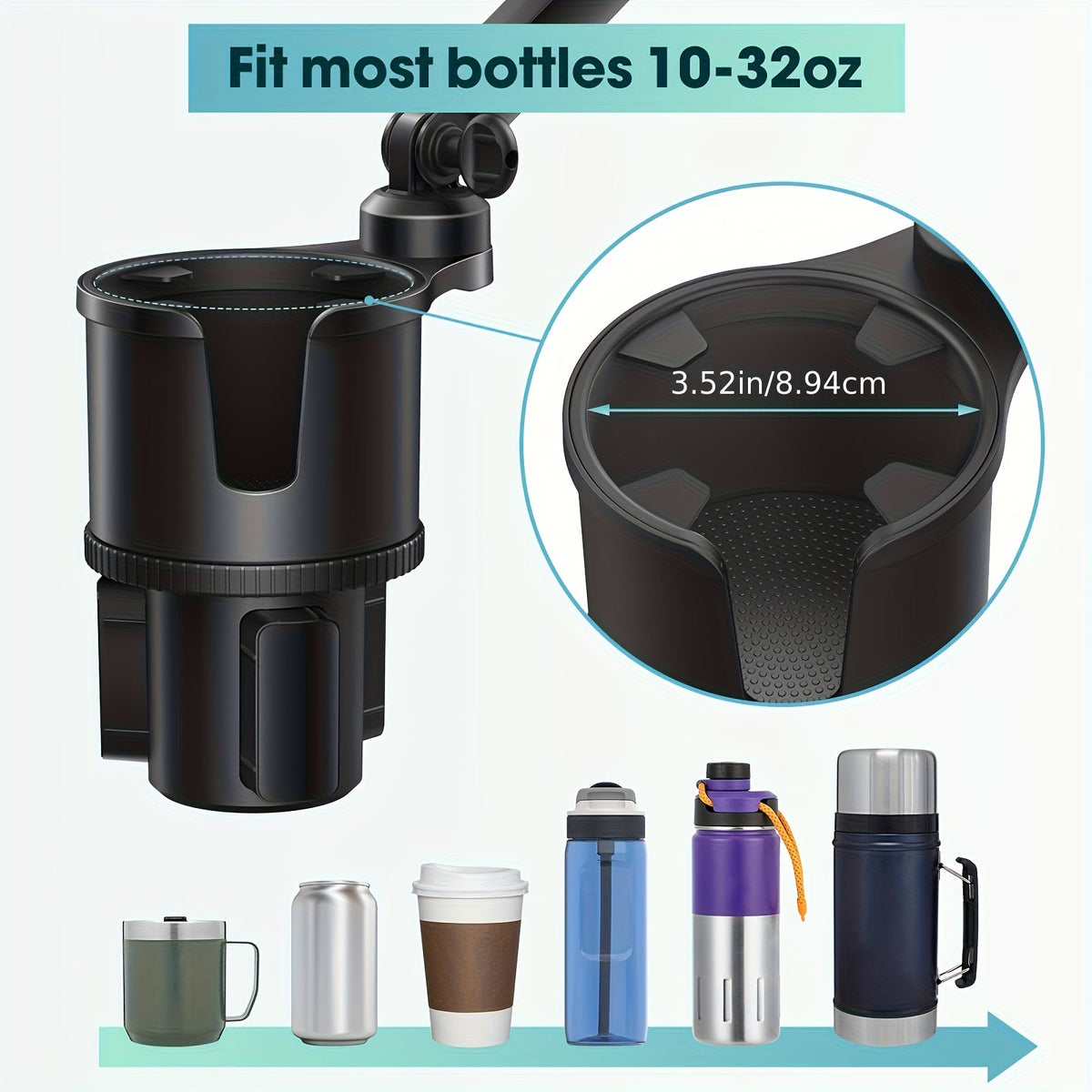 Car Phone Cup Holder Mount 2-in-1, 360° Swivel Rotation, Universal Fit for Cars, SUVs, and Trucks with Shock-Absorbing Trim - Black Extender