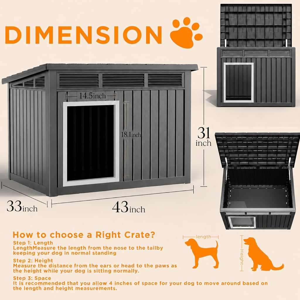 XXXL Outdoor Resin Dog House, Slant-Roof with Gas-Lift Ventilated Canopy, StormProof UV-Resistant All-Weather Shelter for Large Dogs & Multi-Pet Households, Indoor Outdoor Dog Villa, Quick Assembly