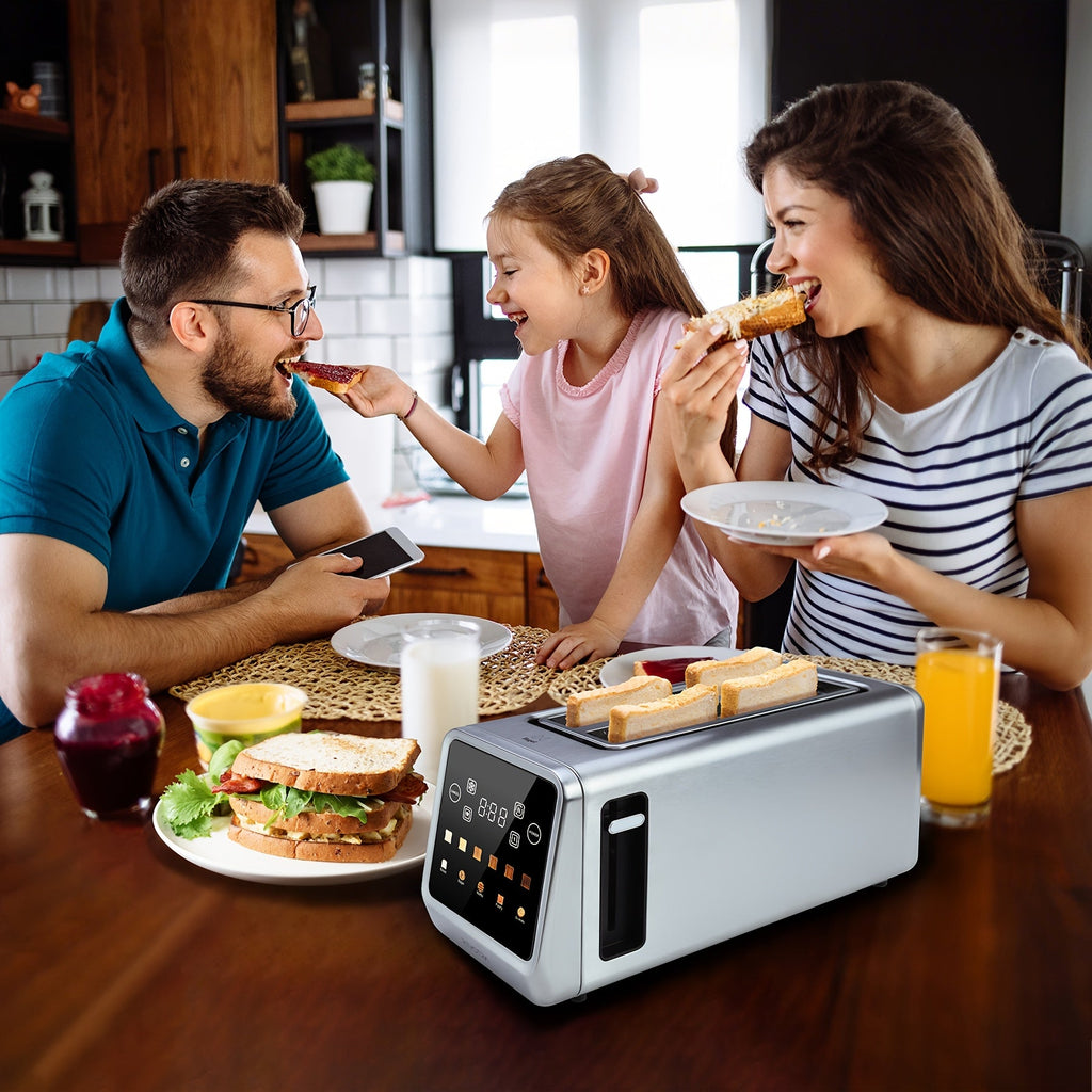 4-Slice Long Slot Toaster – Touchscreen LED Display 1.5" Extra Wide Slots for Thick Bread & Bagels Countdown Timer Memory Function Dual Control 6 Shade Settings Stainless Steel