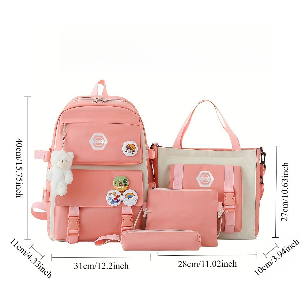5-Piece Girls' School Backpack Set: Cute, Lightweight Daypack with Tote Bag, Pencil Case & Coin Purse - Durable Student Backpack for School, Hiking & Casual Use