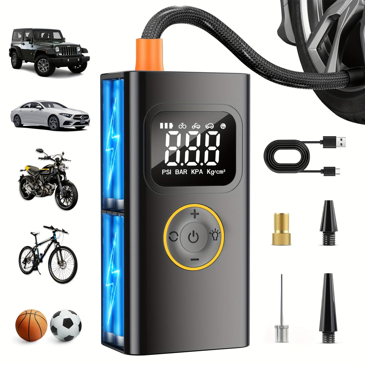 便携式充气泵 150PSI 无线空气压缩机 | 6000mAh 电池，3倍快速充气，LCD 压力表，自动关机，LED 灯，USB-C – 适用于汽车、摩托车、自行车及球类
