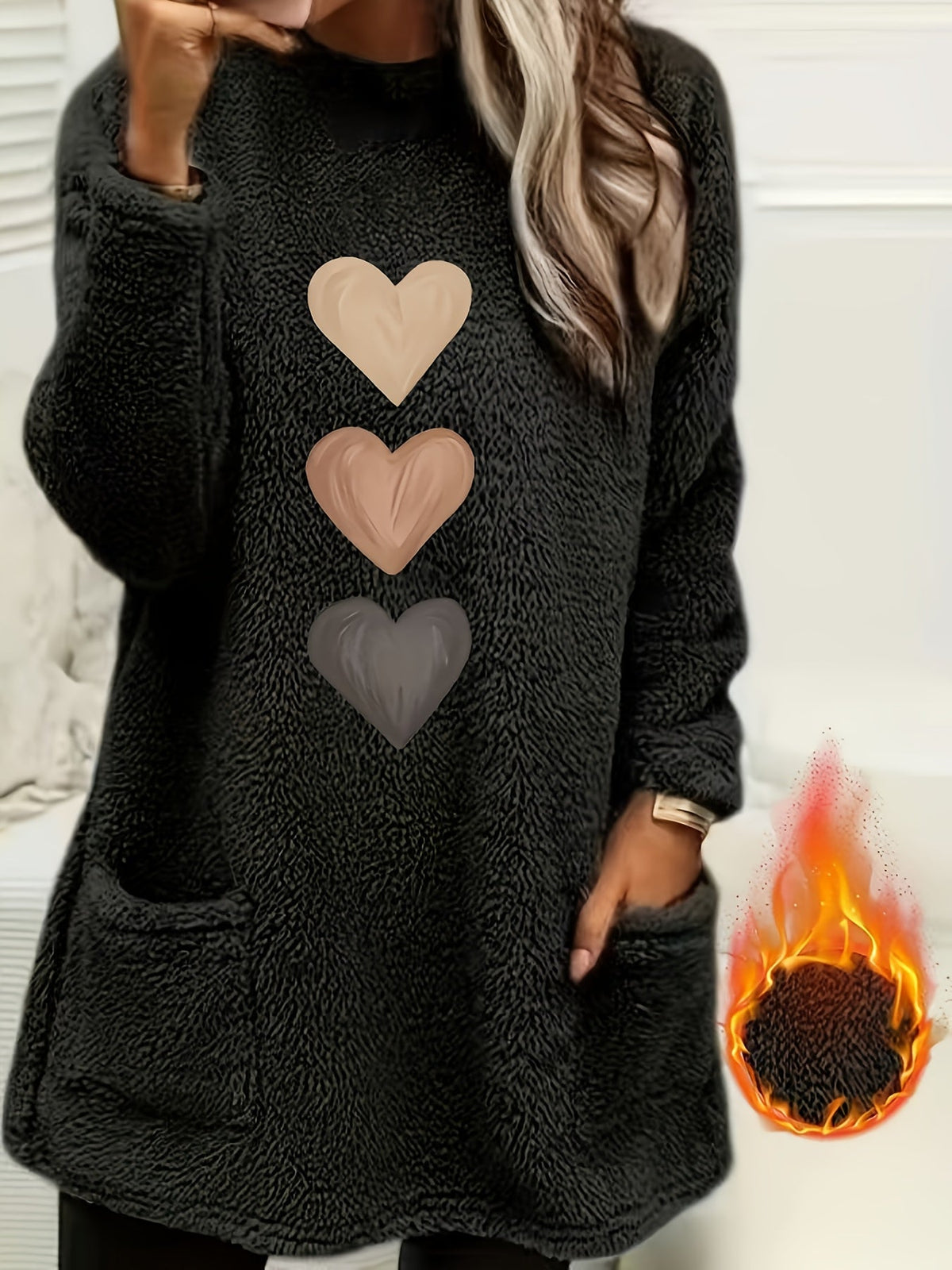Women's Heart Print Long Sleeve Fleece-Lined Pullover Sweatshirt, Casual Crewneck Fall/Winter Top for Women, S-XXL, Multiple Colors