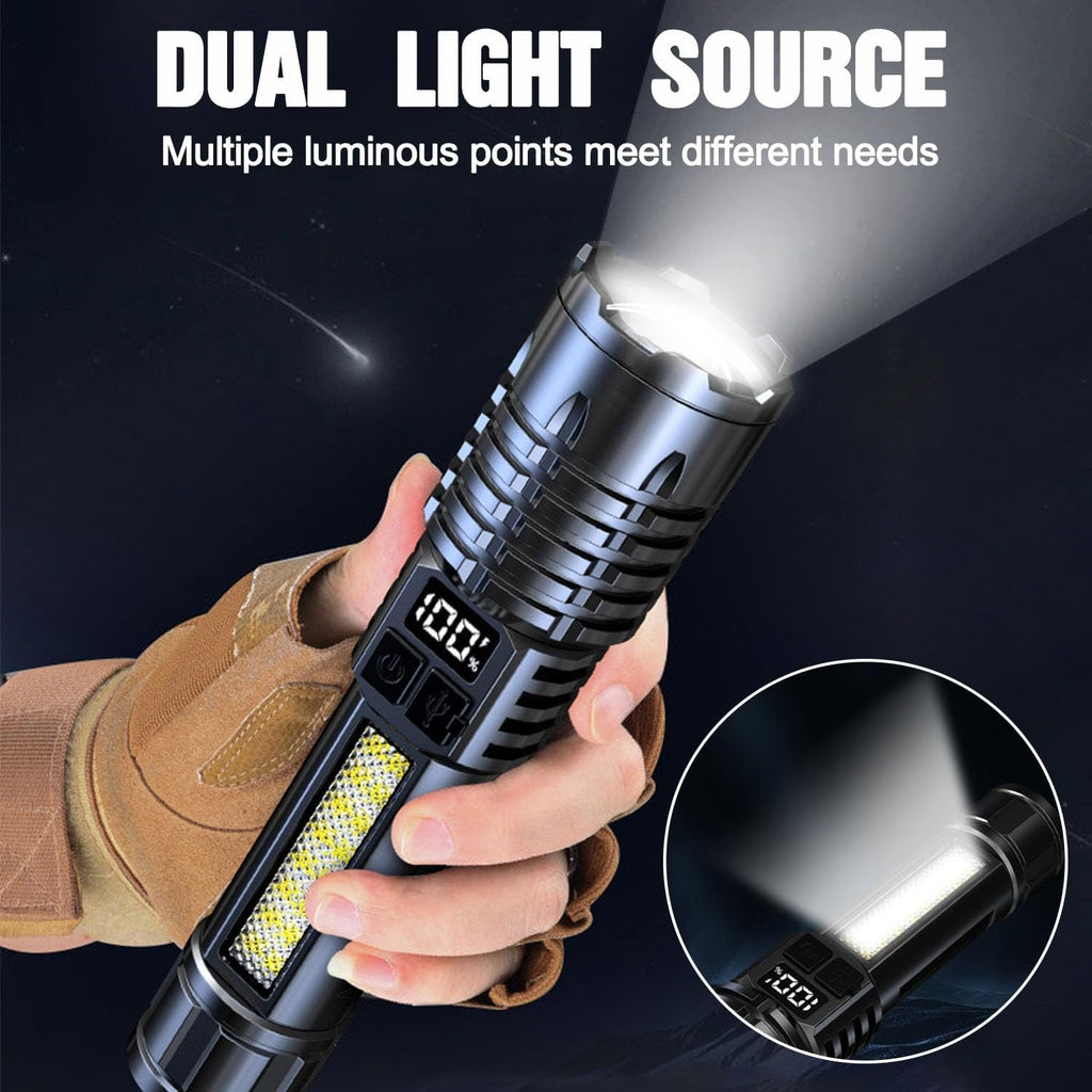 Rechargeable Tactical Flashlight 2-Pack, USB COB LED – Ultra Bright, 5 Modes, Zoomable, 200-500M Beam, LCD Display, for Camping, Fishing, Hunting, Cycling, and Emergencies