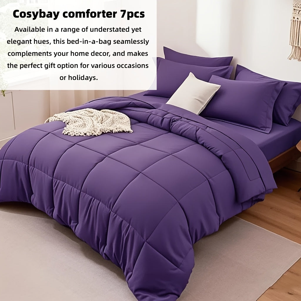 7-Piece Comforter Set, Queen/King Size – Soft Microfiber Pinch Pleated Bed-in-a-Bag with Comforter, Fitted Sheet, Flat Sheet & 4 Pillowcases, All-Season Bedding Set for Home & Dorm
