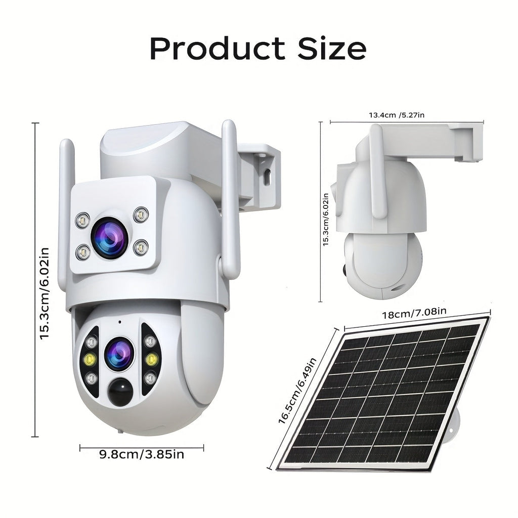 Solar Security Camera Outdoor 360° PTZ 1296P HD Dual Lens Color Night Vision Two-Way Audio Motion Detection WiFi SD Storage Rechargeable Battery Wall Mount