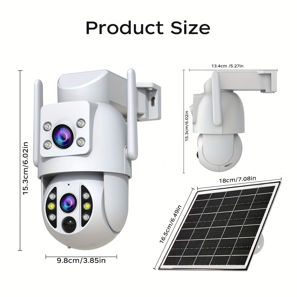 Solar Security Camera Outdoor 360° PTZ 1296P HD Dual Lens Color Night Vision Two-Way Audio Motion Detection WiFi SD Storage Rechargeable Battery Wall Mount