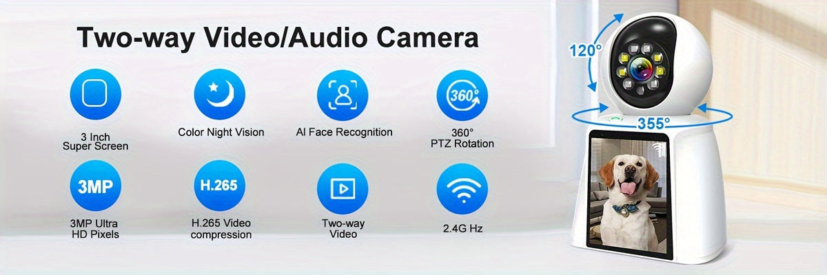 WiFi PTZ Indoor Camera with 3-Inch Built-In Screen, 3MP HD Video Calling, Two-Way Audio, Color Night Vision, AI Detection, Pet/Baby/Elderly Monitor, Home Security Camera, App Control