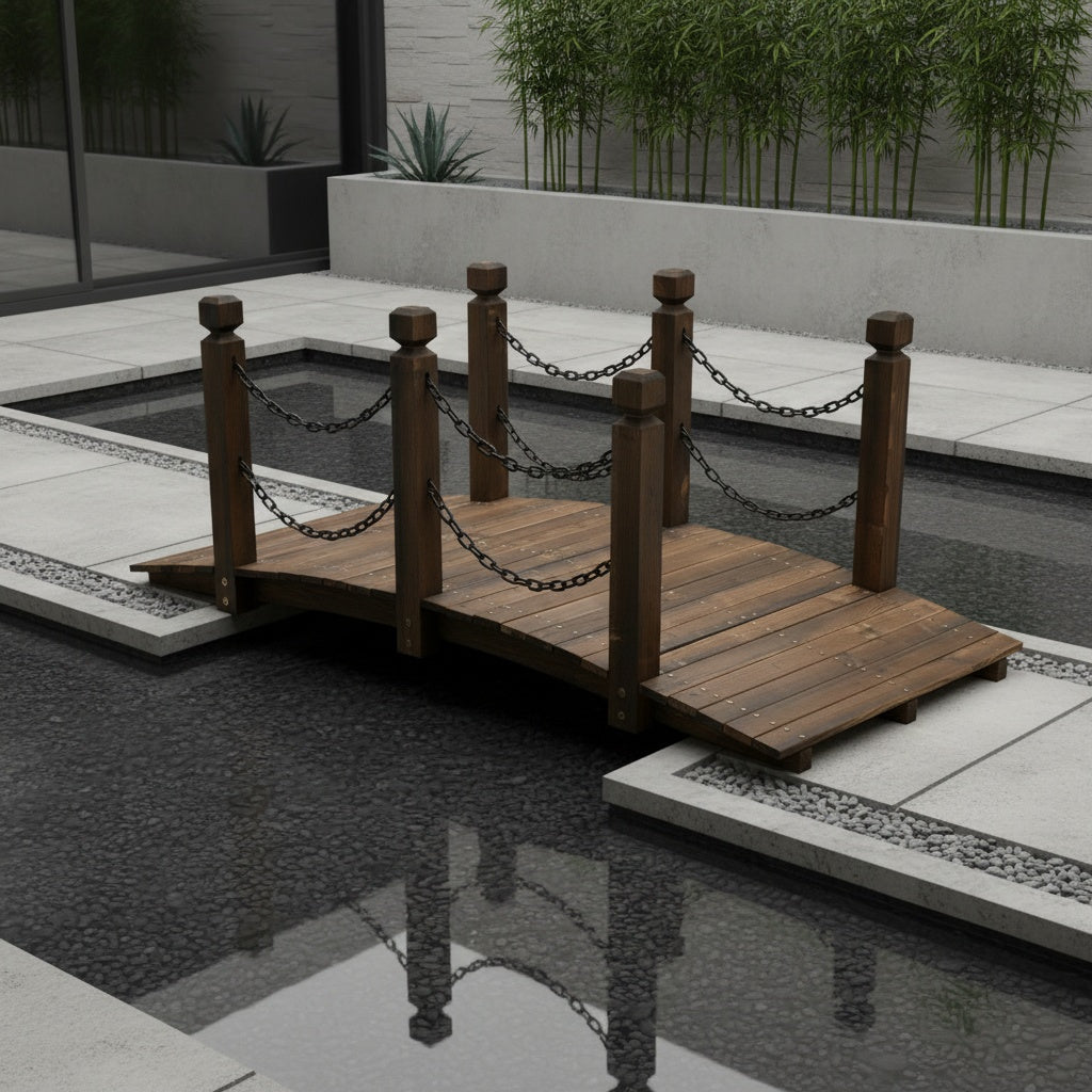 5 Ft Wooden Garden Arc Footbridge, 500 Lb Capacity, Half-Wheel Rails & 6 Pillars, Stained Fir Wood, for Garden, Creek, Backyard & Farm Walkway