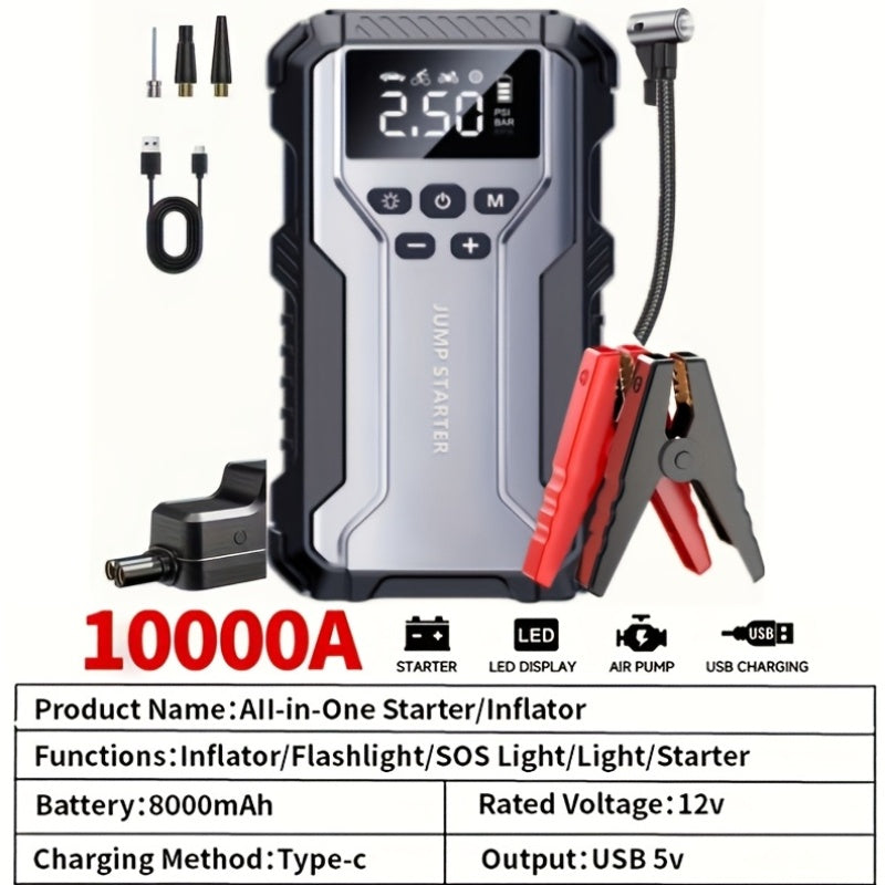 Portable Car Jump Starter Kit Multi-Function 12V Battery Booster with LED Flashlight, SOS Rescue Light, and Air Pump for Cars, Trucks, and Emergency Power Accessories