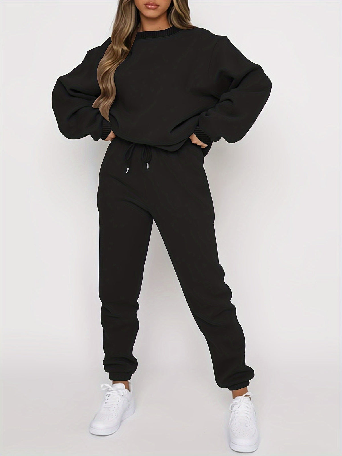 Women's 2-Piece Sweatshirt and Pants Set, Crew Neck Pullover with Elastic Waist Drawstring Joggers, Casual Lounge Suit, Beige/Grey/Black/Navy/Coffee, S-XXL
