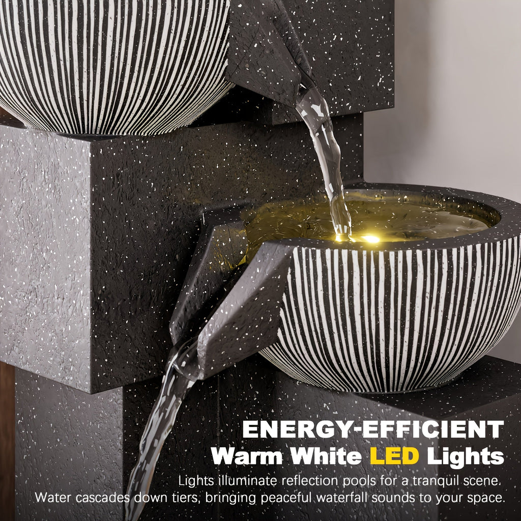 Indoor Water Fountain 4-Tier 18.7" – Cascading Bowl Waterfall with LED Lights & Silent Pump Floor Standing Tabletop Fountain for Home Office Living Room Meditation in Gray