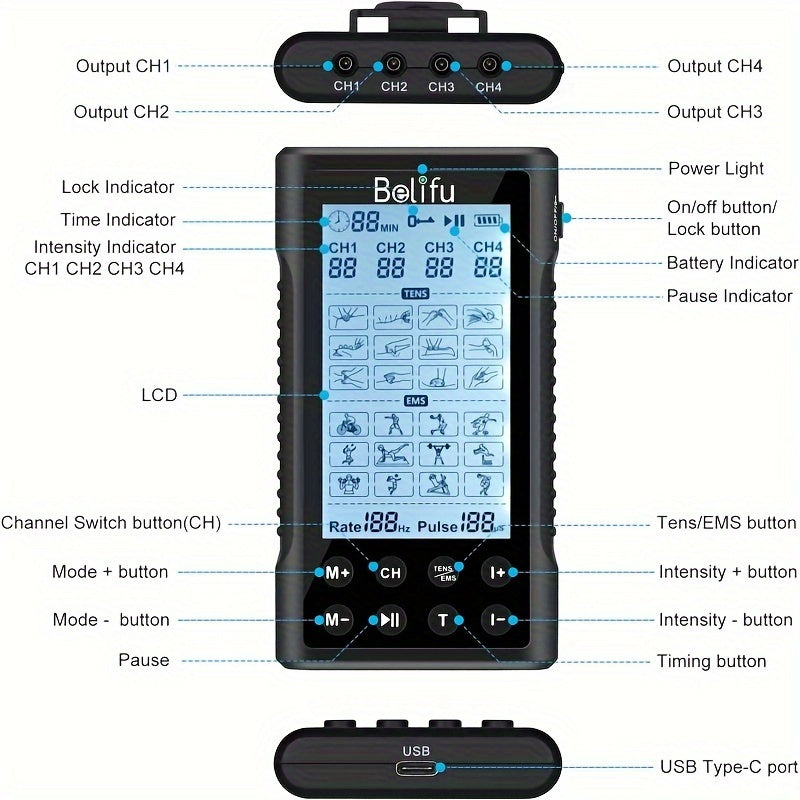 Belifu TENS EMS Muscle Stimulator with 4 Independent Channels - 24 Modes, 30 Intensity Levels, Rechargeable Electric Pulse Massager for Pain Relief - Black & Silver