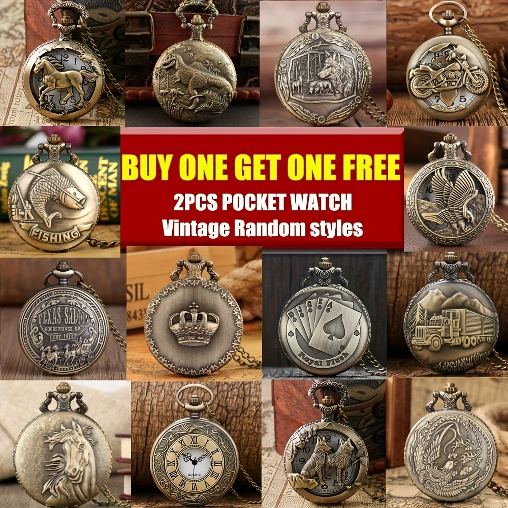 Vintage Bronze Pocket Watch Set of 2 – Classic Round Dial Quartz Movement, Zinc Alloy Case Nickel-Free Chain, Antique Style Timepiece – Perfect Gift for Christmas, Birthday, Graduation, Valentine's Day