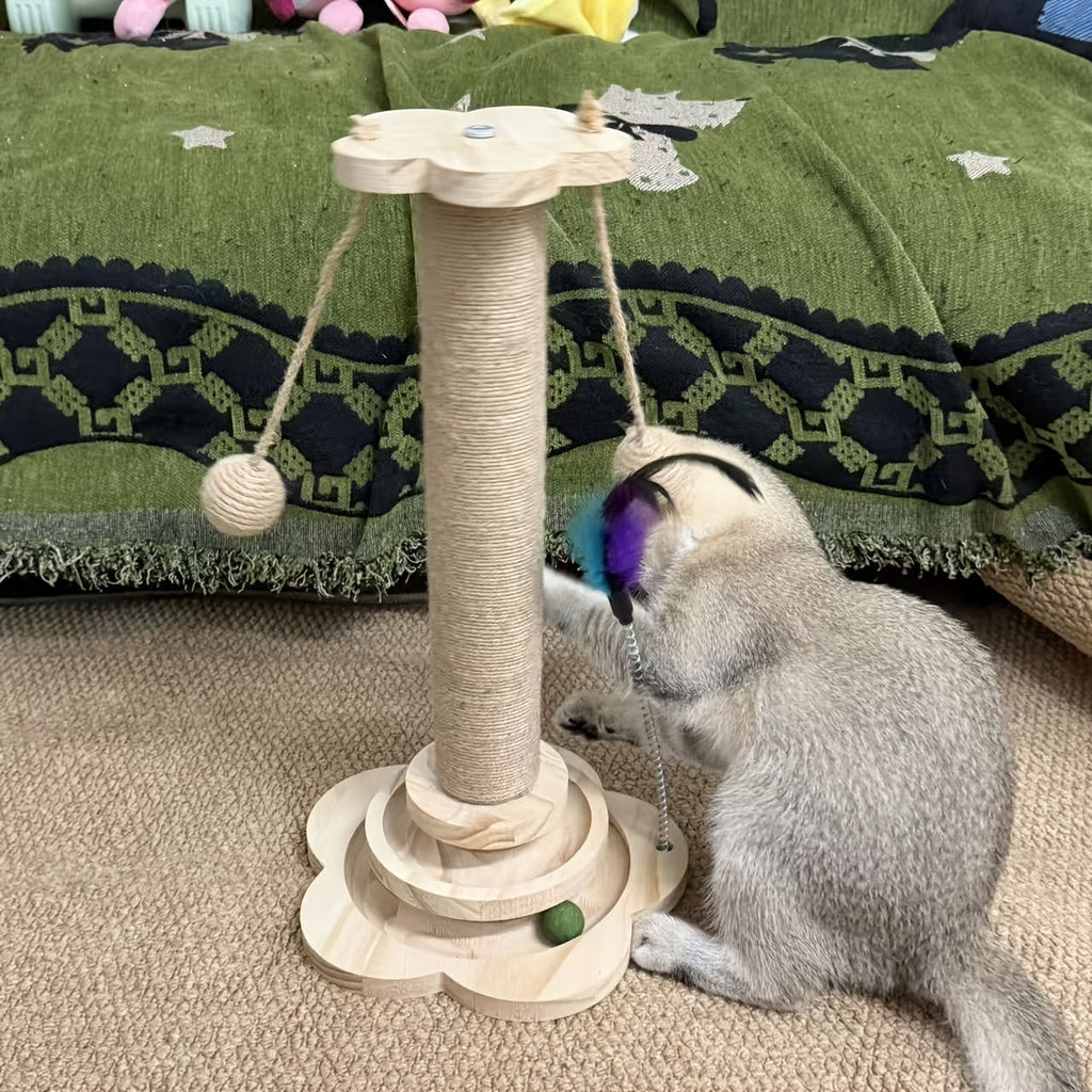Multi-Level Cat Scratching Post Premium Sisal with 6 Wooden Toy Balls, 2 Hanging Balls, 2 Feather Teaser Toys, Non-Slip Base, Interactive Cat Tree for Indoor Cats and Kittens