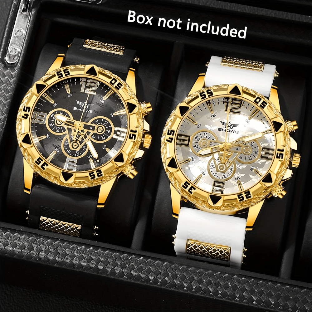 2-Pack Men's Large Dial Silicone Strap Quartz Watch Set, Sports Business Casual Wristwatch, Round Dial, 5 Color Combos, Gift for Him