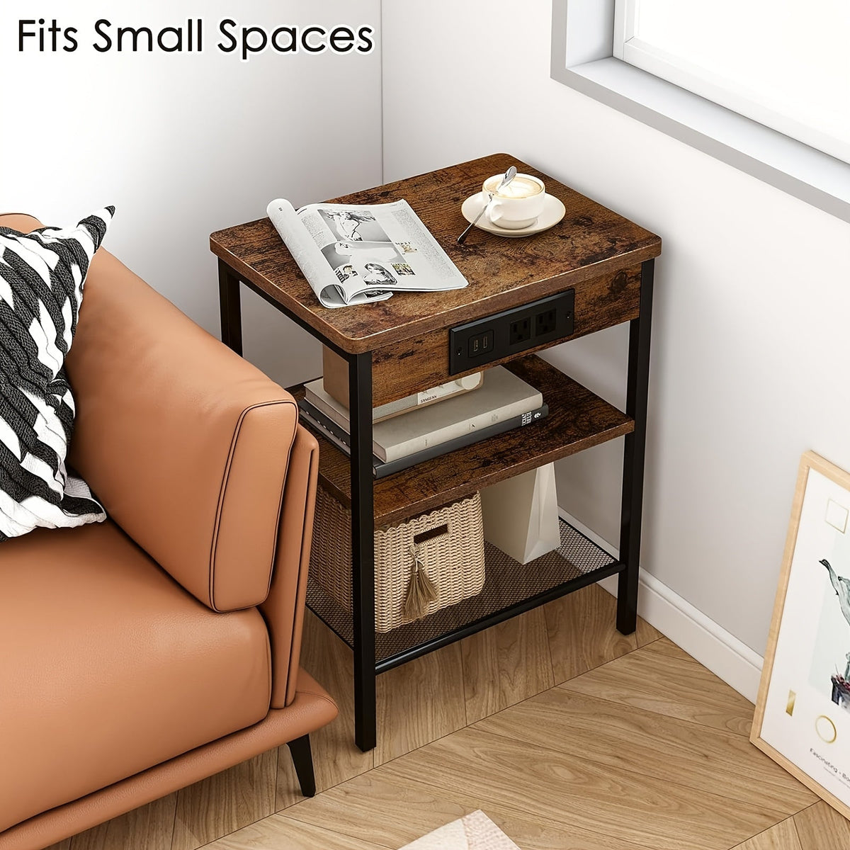 3-Tier Nightstand & Side Table with Charging Station – Storage Shelf for Bedroom & Living Room in Rustic Brown & Black (with Optional Drawer)