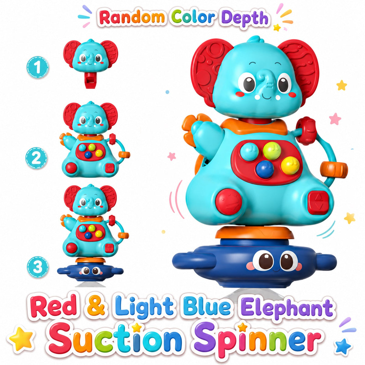 Elephant-Shaped Suction Cup Gyro Spinning Toy for Infants, Anti-Slip Anti-Drop Safety Rounded Edge Portable Baby Sensory Toy, Blue & Pink