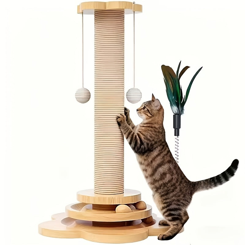 5-in-1 Wooden Cat Scratching Post Toy for Indoor Cats, Tall Sisal Post, 2-Level Track Ball, Interactive Feather Toy, Hanging Balls, Cat Furniture for Kittens and Adults