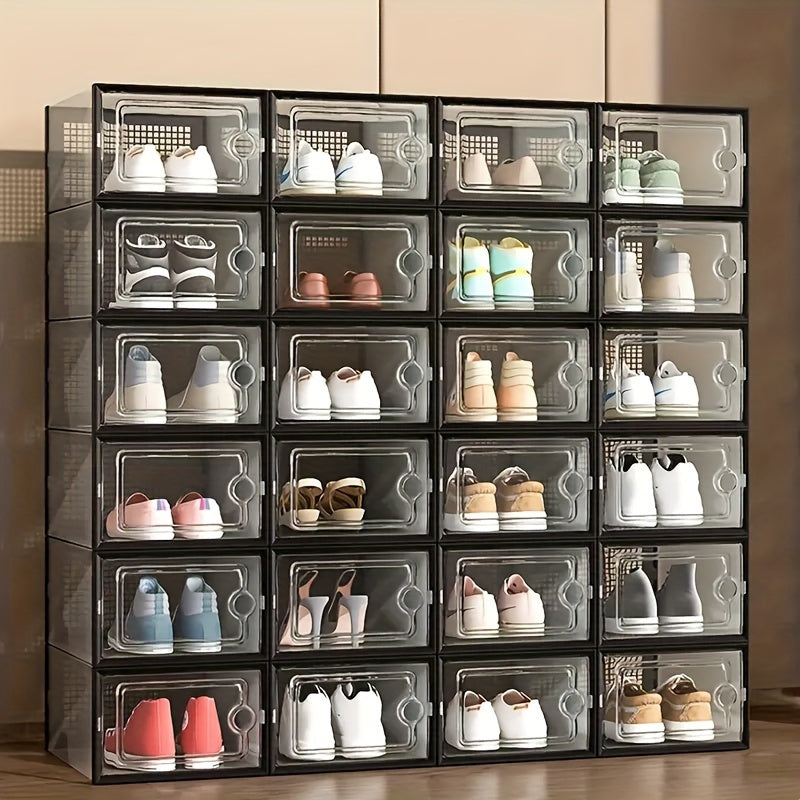 12-Pack Transparent Plastic Shoe Boxes with Lids - Large Capacity, Thickened, Stackable - Closet, Entryway, Front Door & Under-Bed Shoe Storage - Grey