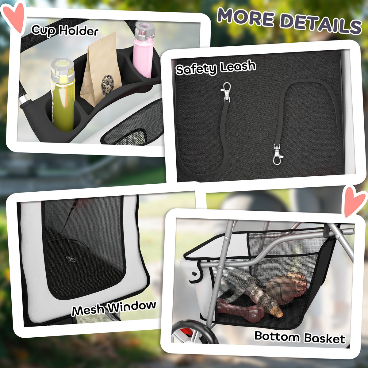 Foldable Pet Stroller for Dogs & Cats up to 22 lbs, 4-Wheel with Brake, Panoramic Mesh Windows, Reflective Strips, Removable Washable Cushion, Cup Holder & Storage Basket, Grey