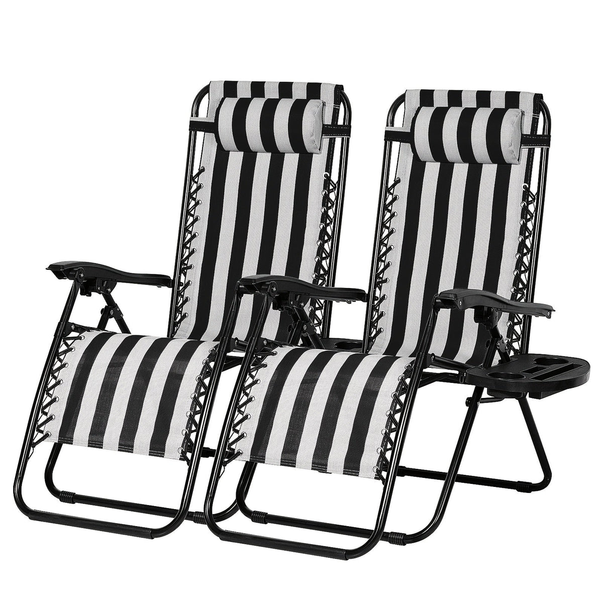 Set of 2 Zero Gravity Recliner Lounge Chairs – 500 LB Capacity Lockable Reclining Detachable Tray Cup Holder for Patio Lawn Garden & Beach in Blue Brown & Stripe Patterns