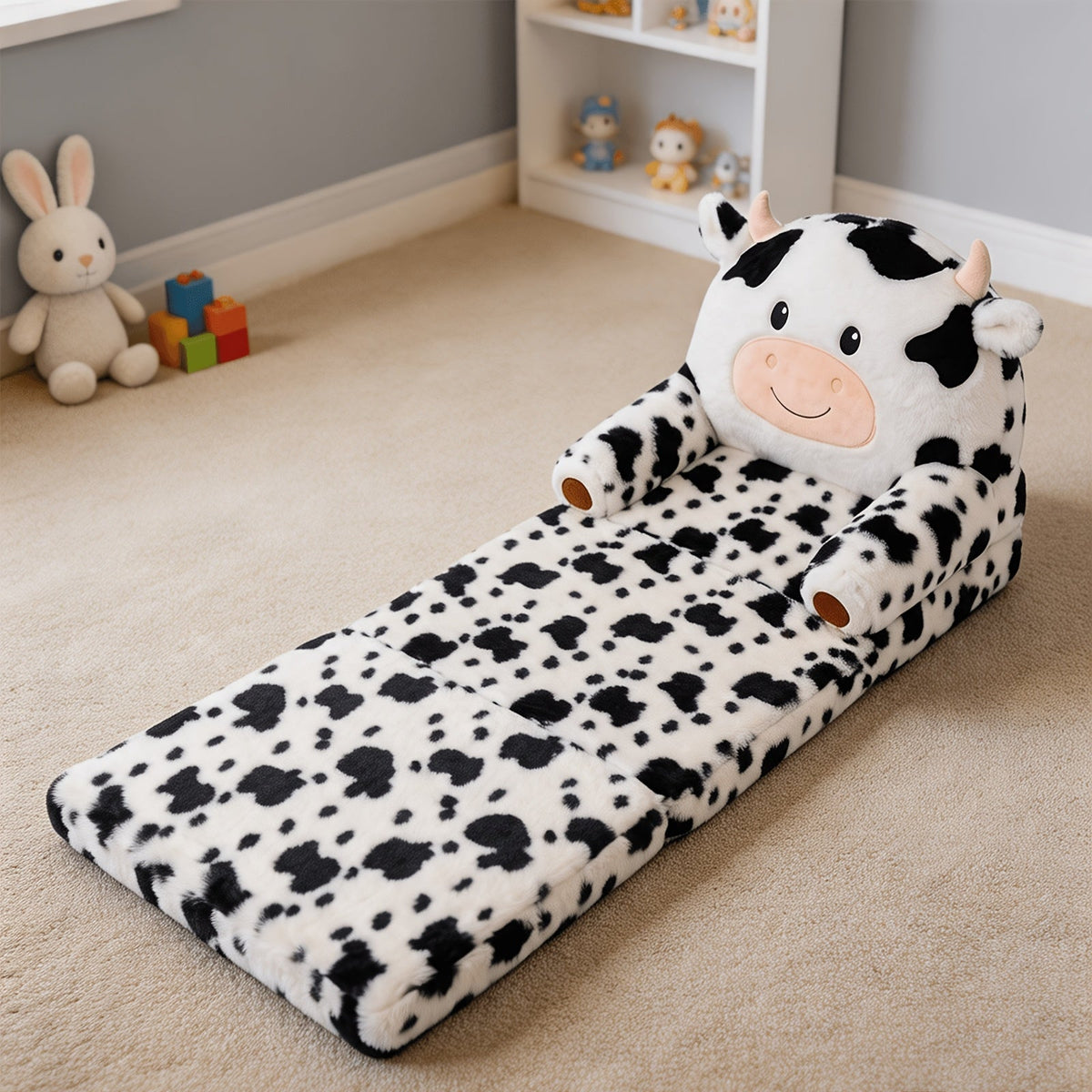 Kids 2-in-1 Convertible Flip-Out Sofa Bed Plush Faux Fur Toddler Couch 27.56×17.72×15.75 In Playroom & Nursery – Black & White / Pink & White Cow Print
