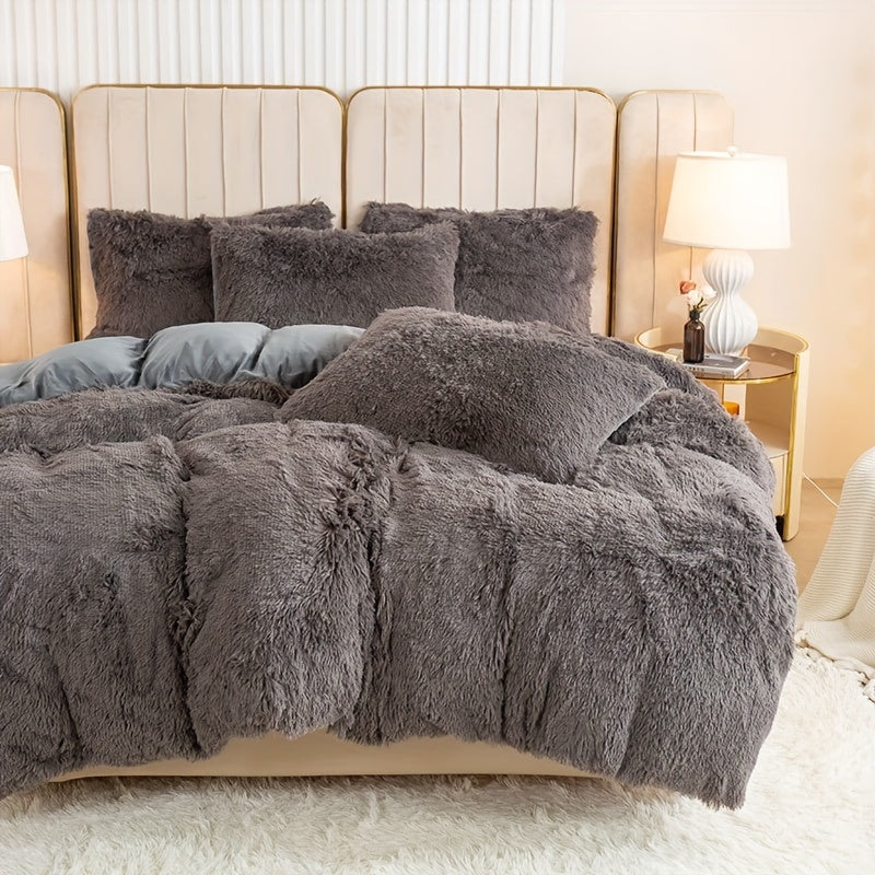 Plush Duvet Cover Set 3 Piece, Long Hair Knitted Polyester, Solid Color Fuzzy Comforter Cover with Zipper Closure, All-Season Soft Cozy Bedding Set for Bedroom, Multiple Colors Available