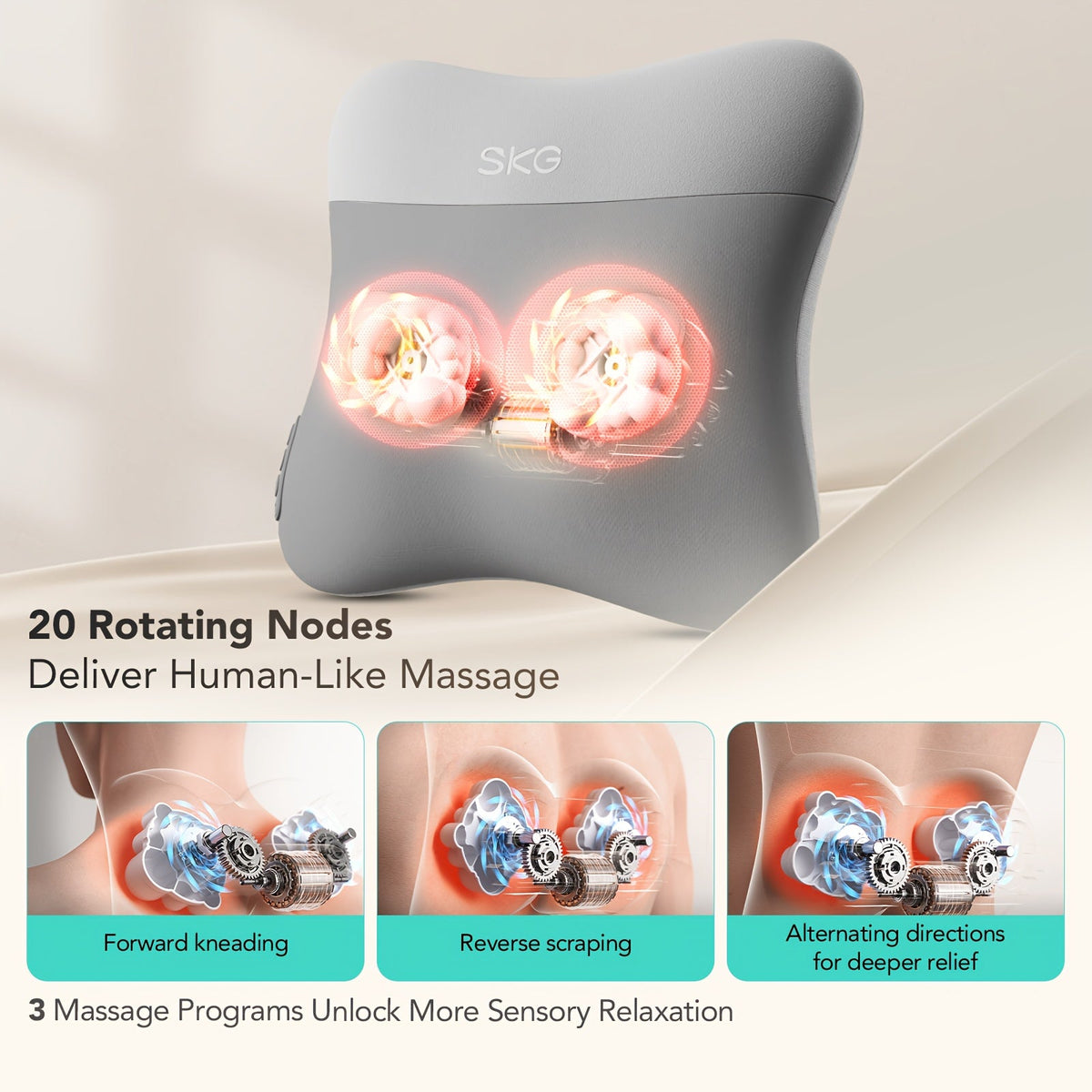 SKG Cordless Lower Back Massager with Heat 8D Shiatsu Deep Tissue Kneading Portable Electric Massage Cushion for Lumbar Neck & Legs Sofa & Office Chair – Gift for Women Men & Mom