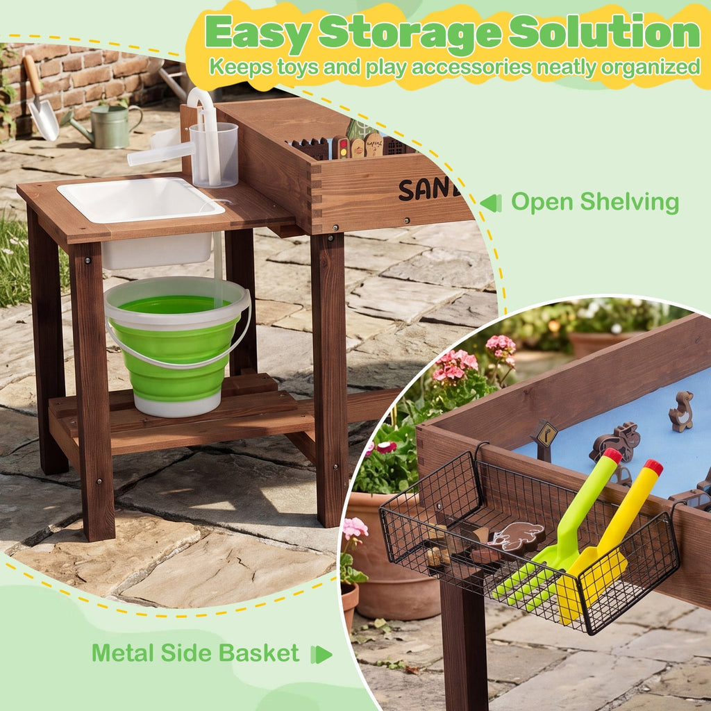 Kids Wood Sensory Sand and Water Activity Table with Sink Water Pump, 33 Sand Toys, Rake, Shovel - Indoor Outdoor Sandcastle Building Toddler Learning Sensory Play Gift for Boys Girls Ages 3+