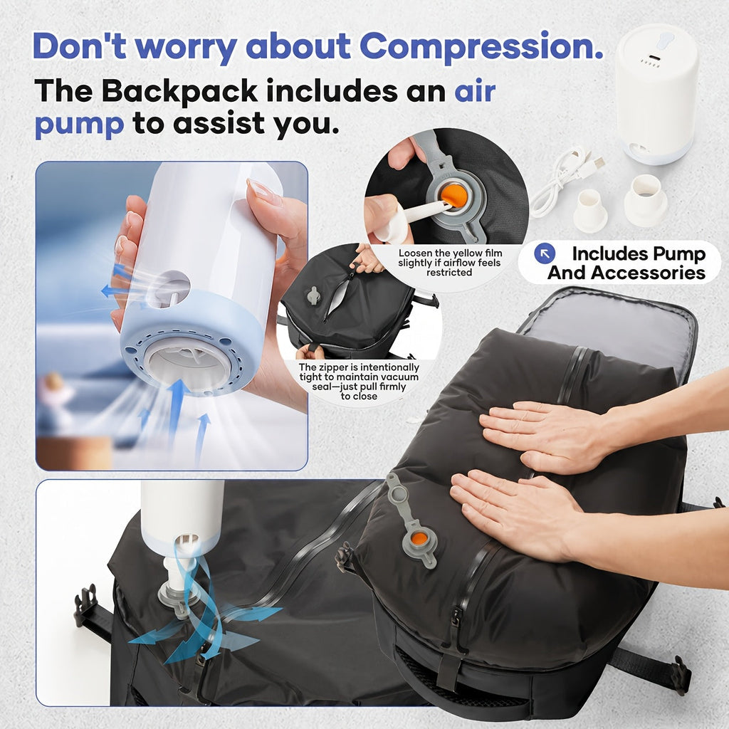Vacuum Seal Travel Backpack with Air Pump – Expandable Large-Capacity Compression Space-Saver Laptop Carry-On Bag, Oxford Cloth for Men and Women, Hiking, Camping, and Travel