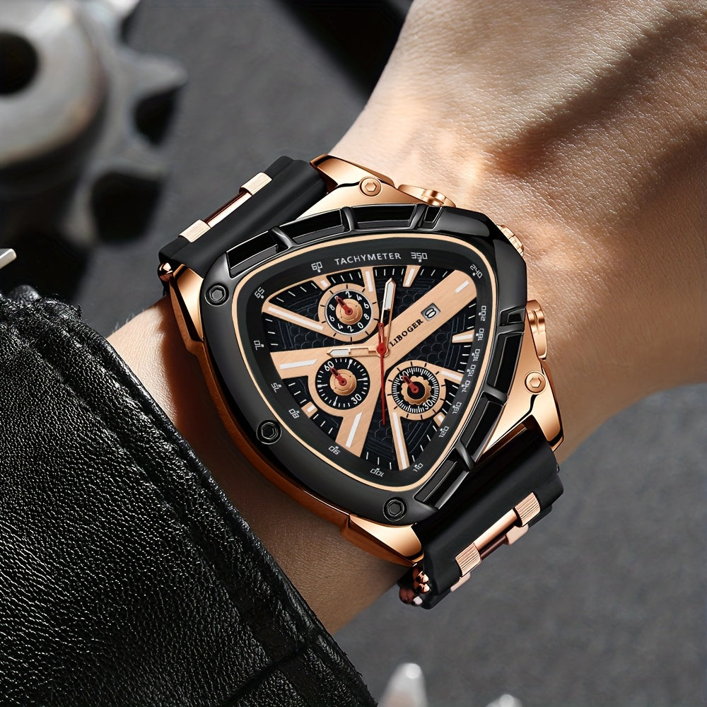 2pcs Men's Watch Set: Sports Triangle Dial Silicone Strap and Retro Square Dial Quartz Watch with Date Display, Casual Dress Watches for Valentine's Day or Father's Day Gift