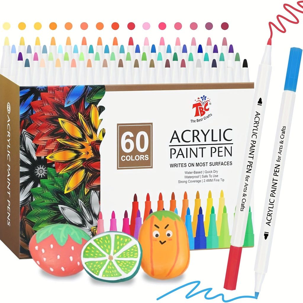 TBC The Best Crafts Acrylic Paint Pens, 60 Colors, Waterproof, Non-Toxic, Odorless, Soft Brush Tip, for Rock, Pottery, Glass, Canvas, Wood, Fabric, Eggs, Handicrafts, Art Gift