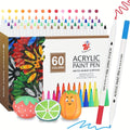 TBC The Best Crafts Acrylic Paint Pens, 60 Colors, Waterproof, Non-Toxic, Odorless, Soft Brush Tip, for Rock, Pottery, Glass, Canvas, Wood, Fabric, Eggs, Handicrafts, Art Gift