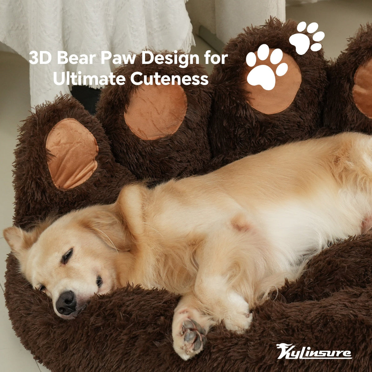 Bear Paw Shaped Calming Dog & Cat Bed, Warm Soft Plush Cushion, Coffee Color with Pet Scarf – Sizes S to XXL
