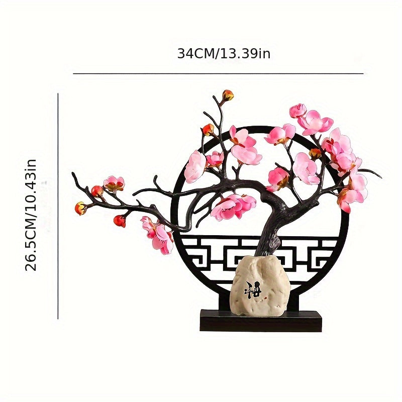 Chinese Artificial Plum Blossom Bonsai Set – Faux Flower with Ceramic Stone Vase & Screen Base for Indoor & Outdoor Dining Table & Office Desk Decor in Red White & Pink