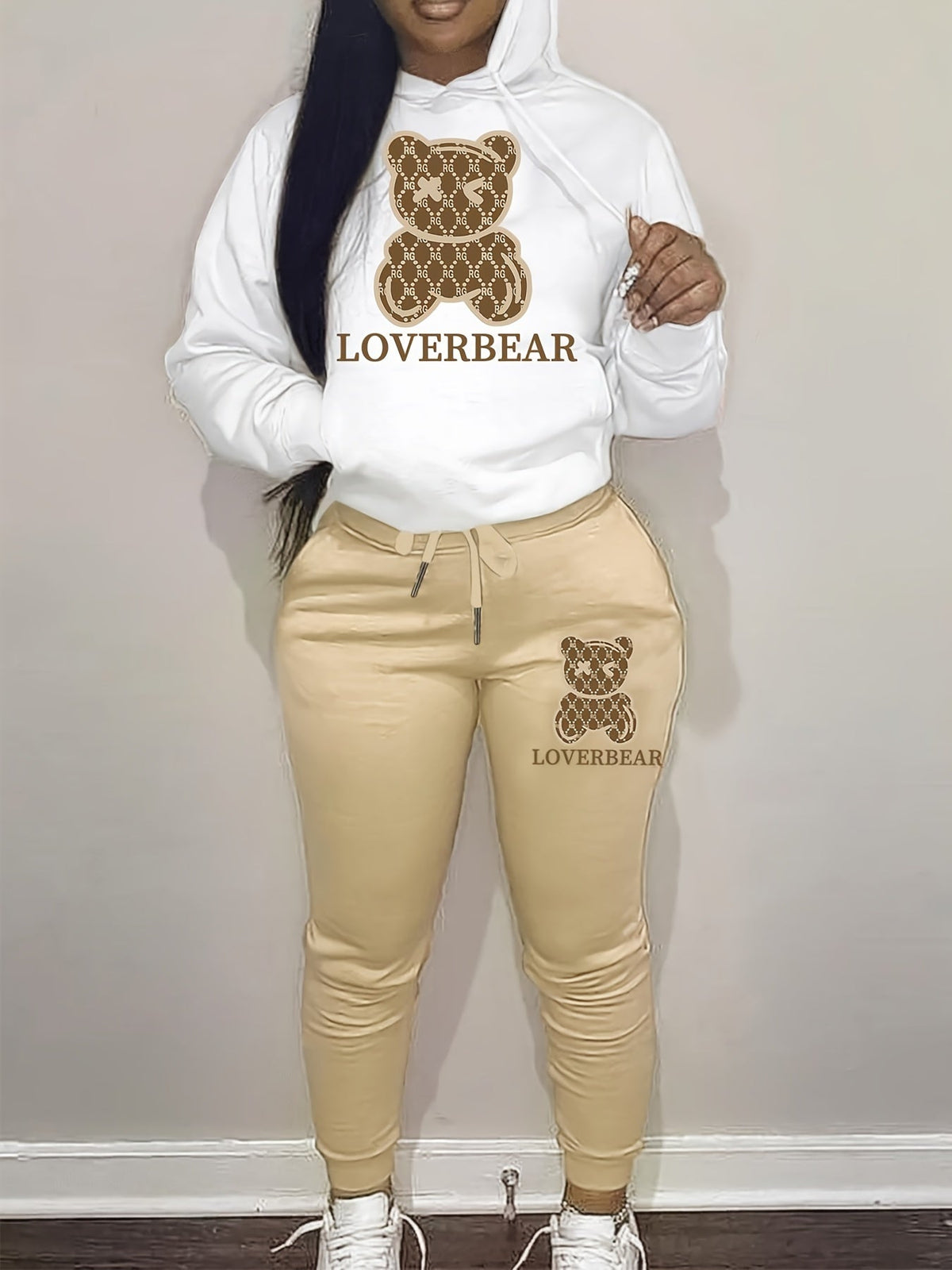 Cartoon Bear Print Two-piece Set Hoodie & Jogger Pants Women's Tracksuit Drawstring Long Sleeve Sweatsuit Outfit S-XXL Multiple Colors