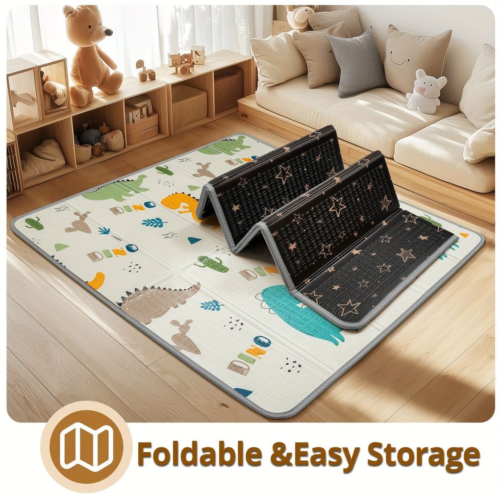 Foldable Safety Foam Baby Play Mat, 50 × 50 × 0.4 Inch Thick Reversible Double-Sided Portable Playpen Floor Mat, Soft Cushioned Baby Activity Mat for Infants & Toddlers, Seahorse & Stars