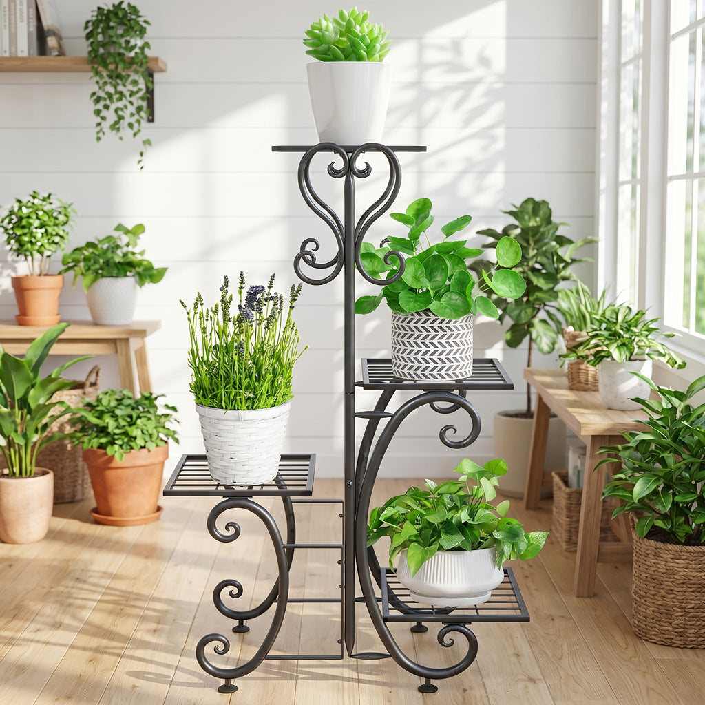 4-Tier Metal Plant Stand, Indoor/Outdoor Wrought Iron Corner Flower Pot Holder, Display Rack Organizer for Garden, Patio, Balcony, Lawn, Office, Black