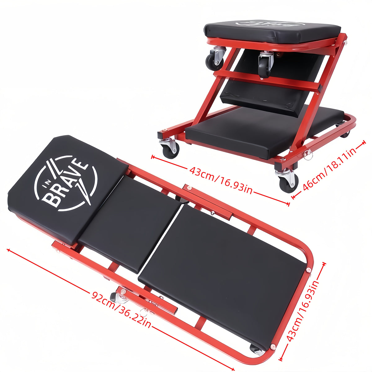 36-Inch Heavy-Duty 3-in-1 Folding Mechanic Creeper with Adjustable Z-Seat - 6 Lockable Swivel Casters, 350-650 Lb Capacity, Vinyl Padded Seat & Headrest, Professional Automotive Repair Crawler
