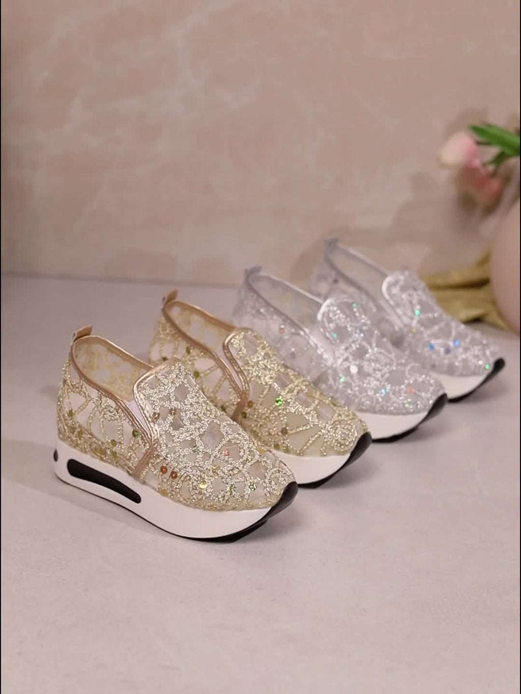 Women's Glitter Sneakers Thick-Heeled Height-Increasing – Breathable Mesh Perforated Shock-Absorbing PU Sole All-Season Casual Sports Shoes, 3 Colors, US Sizes 6–11.5